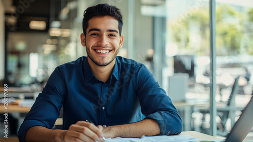 A smiling man in a blue shirt is sitting at a desk with a laptop
