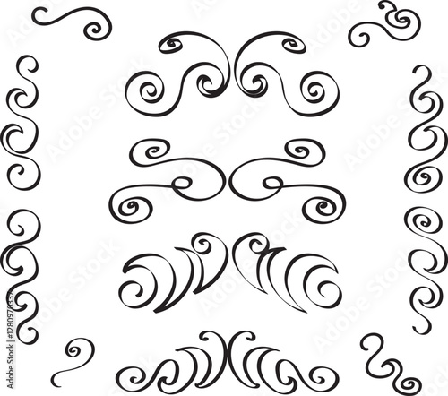 Swirls or scrolls, vintage flourishes, stroke and curls white on black. Calligraphic line, wedding dividers text and calligraphy ornament ink vector design elements. Swishes, swashes or swoops.