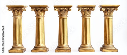 Golden Pillars of Antiquity: Five meticulously crafted, golden pillars stand in perfect symmetry. Their ornate capitals and fluted shafts evoke the grandeur of classical architecture.
