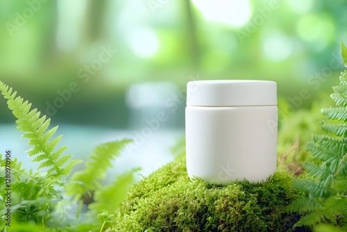 A white skincare jar stands on moss, surrounded by ferns and water in the background photo