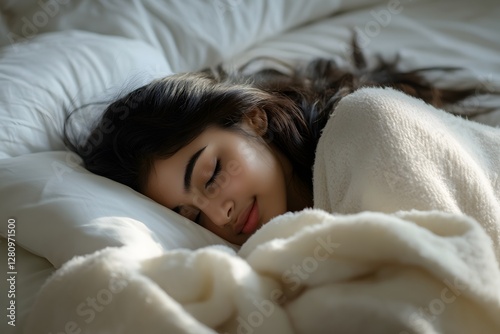 A beautiful young Indian woman sleeping in bed, with a white pillow and blanket. This close-up portrait captures a happy facial expression, in bedroom, Generative AI