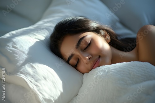 A beautiful young Indian woman sleeping in bed, with a white pillow and blanket. This close-up portrait captures a happy facial expression, in bedroom, Generative AI