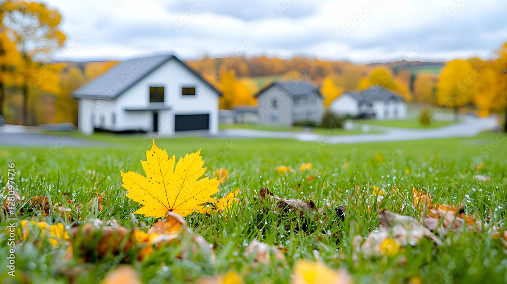 Autumnal leaf in grass, modern homes background, fall housing estate Autumnal leaf in grass, modern homes background, fall housing estate