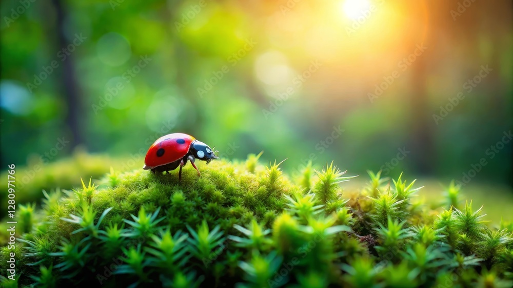 Obraz premium A vibrant ladybug gracefully ascends a verdant moss hill bathed in the warm glow of a sunlit forest