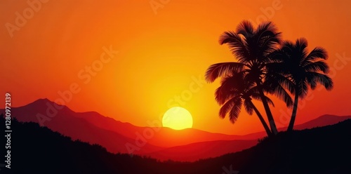 Bold black palm silhouettes, fiery orange-yellow sunset , sunrise, sketch