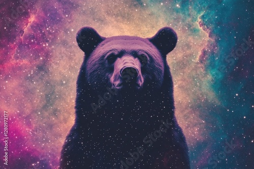 Majestic bear surrounded by vibrant cosmic colors, exuding sense