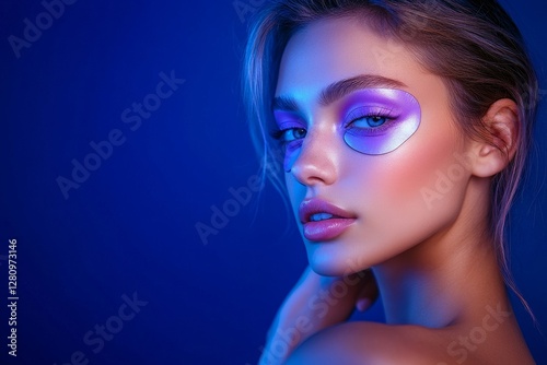 Young woman posing with purple eye patches, standing over dark blue background with light, free space, place for your cosmetics ad design, Generative AI