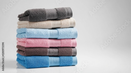 A pile of colorful towels stacked in an organized manner, showcasing the variety of textures available.