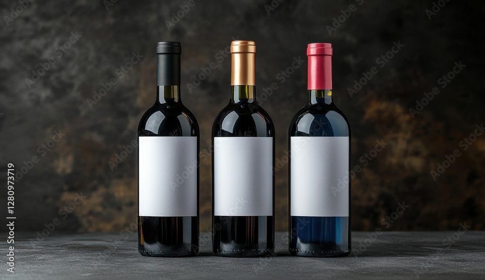 Wine Trio: Captivating trio of elegant wine bottles against a textured, dramatic backdrop, the bottles exude sophistication and promise of a delightful tasting experience. Wine Trio: Captivating trio of elegant wine bottles against a textured, dramatic backdrop, the bottles exude sophistication and promise of a delightful tasting experience.