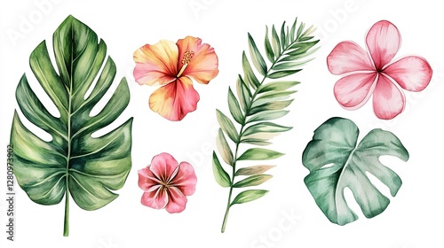 Tropical flowers and leaves, hand-drawn watercolor illustration, isolated on a transparent PNG background. Flat vector, pastel colors