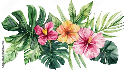 Tropical flowers and leaves, hand-drawn watercolor illustration, isolated on a transparent PNG background. Flat vector, pastel colors