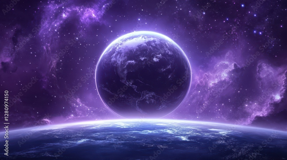 Obraz premium A stunning visualization of a purple and blue planet surrounded by a cosmic backdrop of stars and nebulas, showcasing the beauty of the universe.