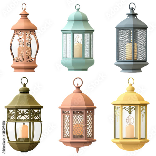 Colorful Lanterns Decorative Styles on transparent background. photo