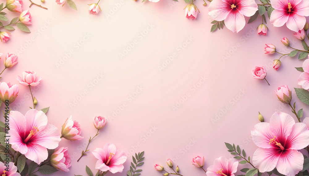 Beautiful floral frame with pink flowers and green leaves on a soft pastel background.
Beautiful floral frame with pink flowers and green leaves on a soft pastel background.