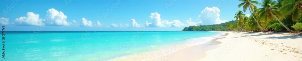 Sun-drenched empty beach, turquoise sea, flawless sky, idyllic, horizon, sunshine Sun-drenched empty beach, turquoise sea, flawless sky, idyllic, horizon, sunshine