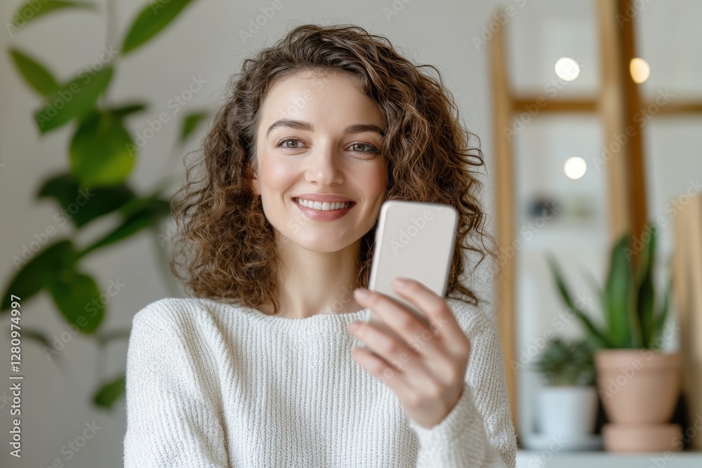 Smiling young woman holding smartphone while sitting in cozy indoor space with plants and natural light Smiling young woman holding smartphone while sitting in cozy indoor space with plants and natural light