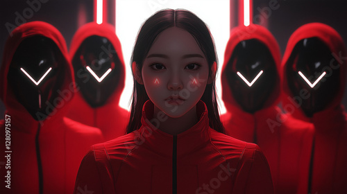 Mysterious Guardians: The Unmasked Leader in a Futuristic Red-Hooded Dystopia photo