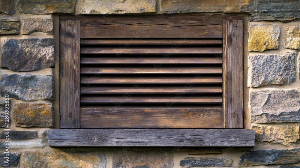 Rustic wooden louvered window on stone wall exterior architecture detail Rustic wooden louvered window on stone wall exterior architecture detail