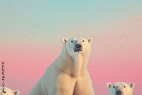 Majestic polar bears stand against dreamy pastel background, exu