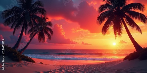 Fiery orange and soft pink sunset over golden sand; dark palm trees frame the scene , getaway, silhouette, landscape