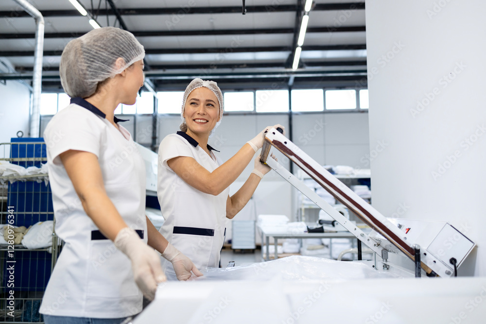 Obraz premium Female workers preparing and packing clean laundry in dry cleaning service.