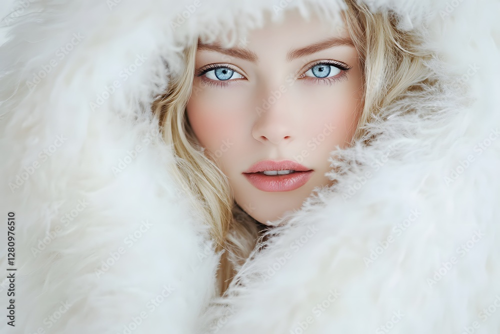 A beautiful woman with blonde hair and blue eyes, wearing an elegant white fur coat with feathers on the hood. She is looking at the camera in soft focus, Generative AI A beautiful woman with blonde hair and blue eyes, wearing an elegant white fur coat with feathers on the hood. She is looking at the camera in soft focus, Generative AI