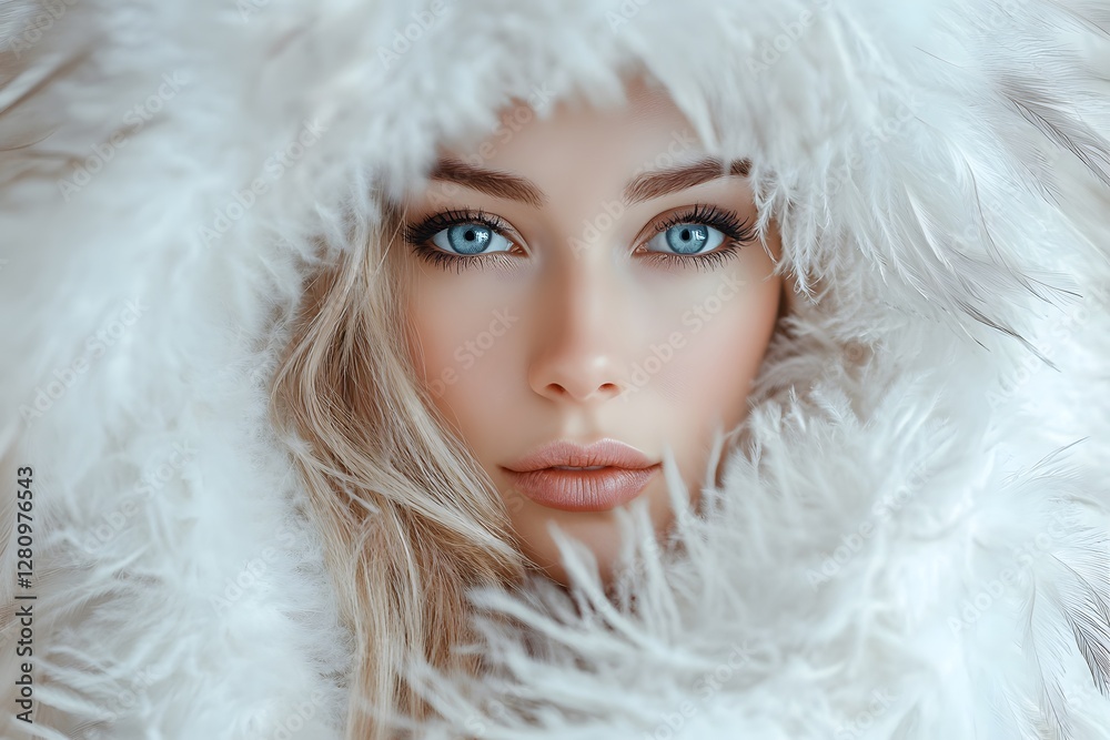 A beautiful woman with blonde hair and blue eyes, wearing an elegant white fur coat with feathers on the hood. She is looking at the camera in soft focus, Generative AI A beautiful woman with blonde hair and blue eyes, wearing an elegant white fur coat with feathers on the hood. She is looking at the camera in soft focus, Generative AI