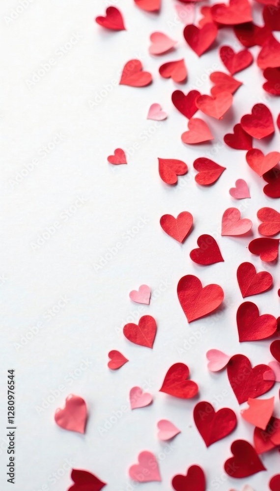 Red heart shaped confetti on white background, wedding day, occasion Red heart shaped confetti on white background, wedding day, occasion