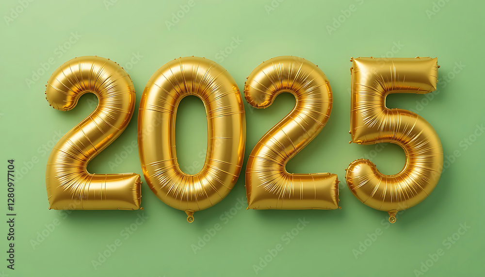 Golden Balloons 2025 on green background. gold 3d 2025 text. 2025 number for happy new year, Idea for holiday greetings, banner, social media, flyer, website. celebration. Anniversary. festive Golden Balloons 2025 on green background. gold 3d 2025 text. 2025 number for happy new year, Idea for holiday greetings, banner, social media, flyer, website. celebration. Anniversary. festive