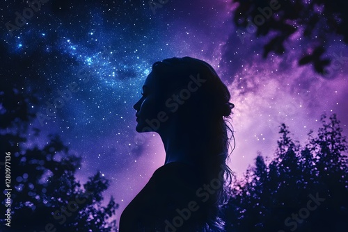 A girl with long hair looks up at the beautiful northern lights in the starry sky, with the silhouette of a winter forest in the background, Generative AI