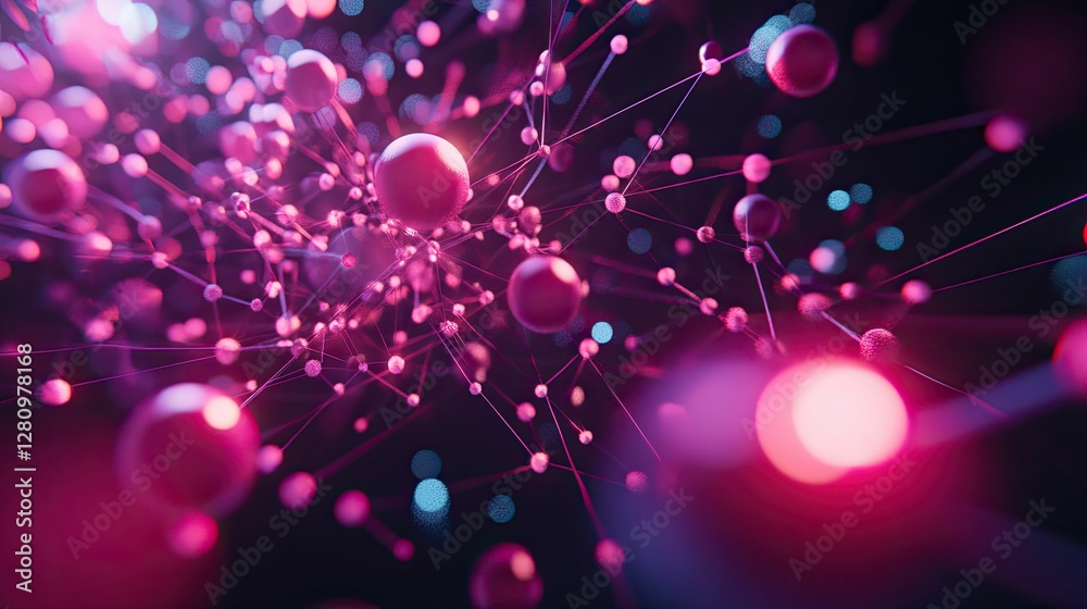 Pink spheres, interconnected network, dark background. Pink spheres, interconnected network, dark background.