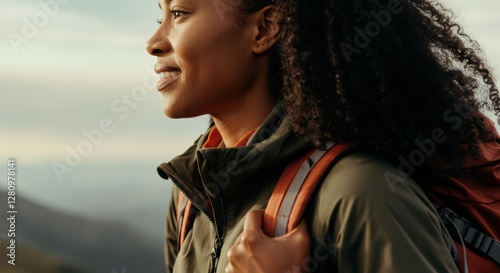 African female young adult hiker with backpack enjoying mountain view