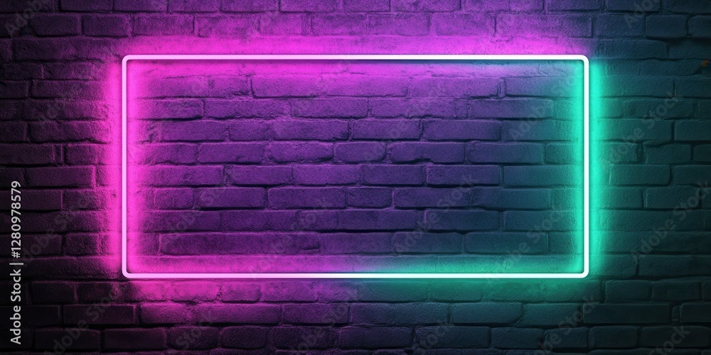 Neon Glow on Brick: A vibrant rectangular neon light frame, glowing with pink and green hues, is set against a textured brick wall, creating a modern and stylish backdrop. Neon Glow on Brick: A vibrant rectangular neon light frame, glowing with pink and green hues, is set against a textured brick wall, creating a modern and stylish backdrop.