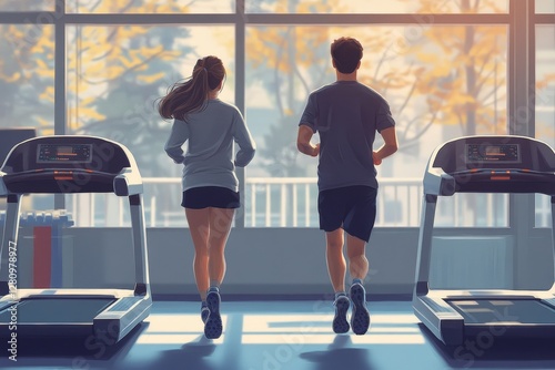 Back view of active young couple running on treadmills, man and woman performing cardio workout in gym. Families practicing self-care, Generative AI