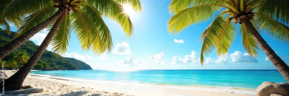 Fototapeta premium Sun-drenched palm trees frame pristine beach panorama , image, water