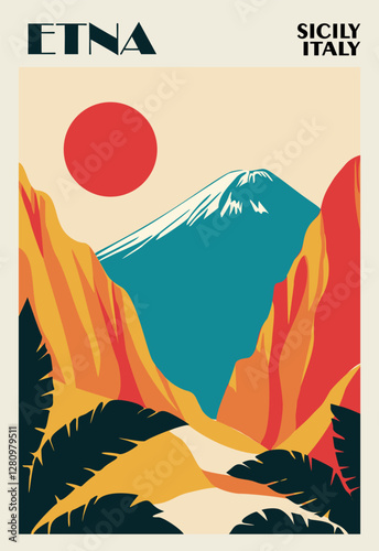 Sicily, Italy travel poster in retro minimalist style with Etna volcano mountains landscape. Colorful flat vector illustration 