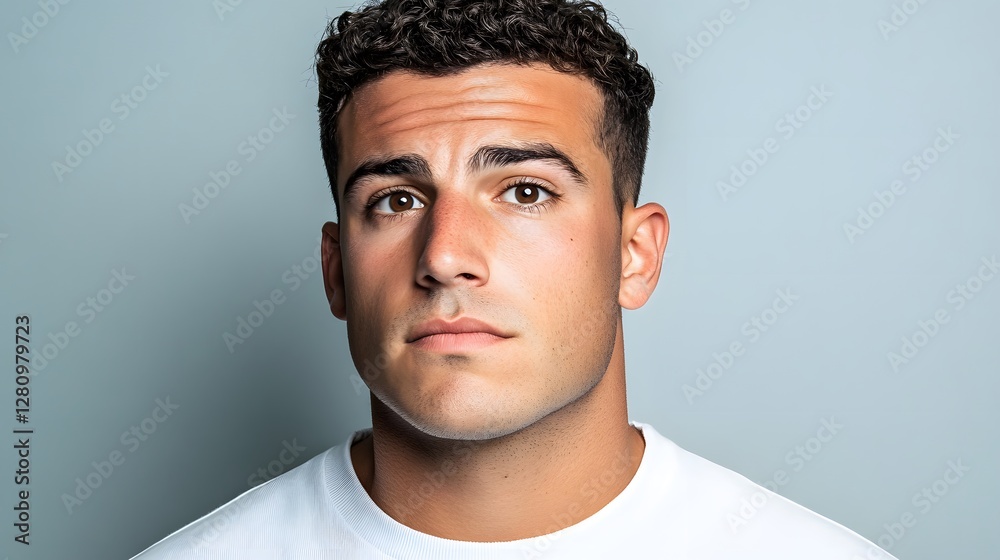 Obraz premium Closeup Portrait Young Man Serious Expression White T-Shirt