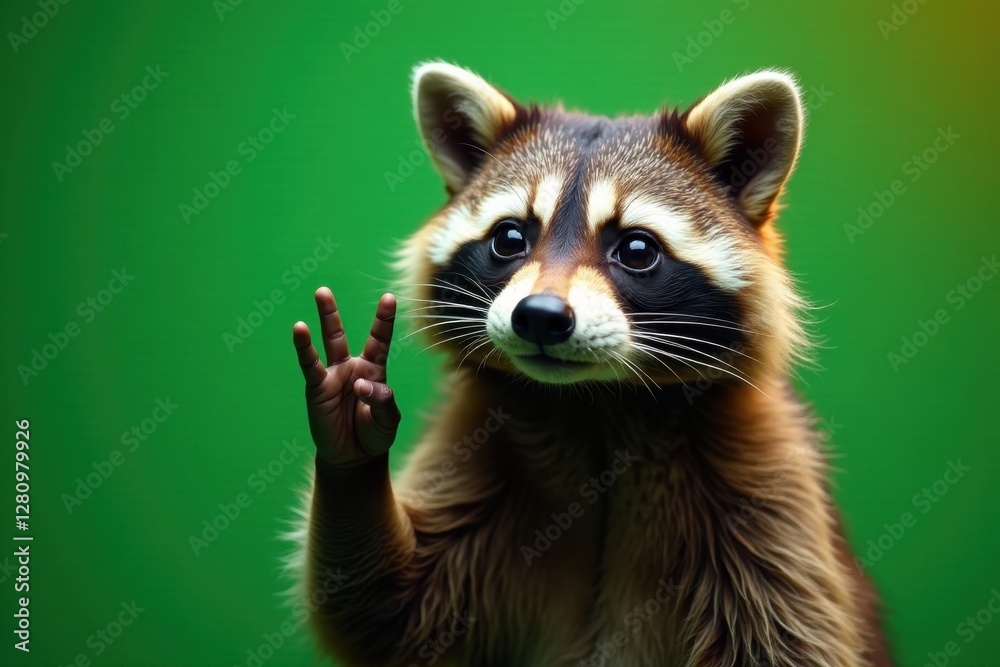 Obraz premium Cheeky raccoon in green shades, rock hand gesture , pose, sunglasses, hand