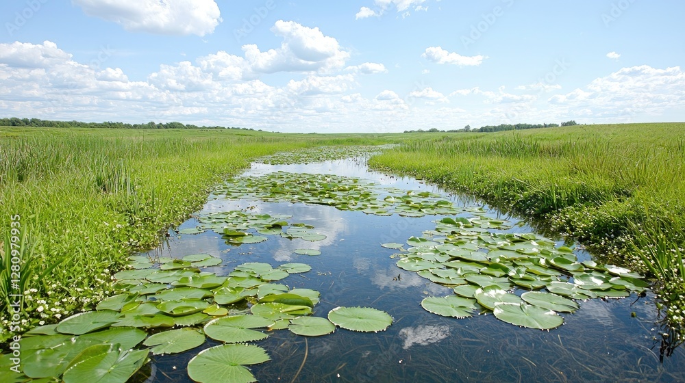 Naklejka premium Green water lily pads float on a calm stream winding through a lush grassy wetland under a blue sky.