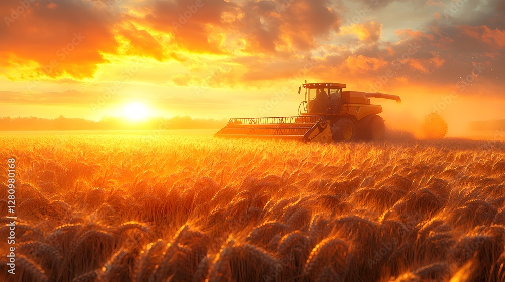 Fototapeta premium Sunset Wheat Harvesting with Combine Harvester in Golden Field design, Summer Agriculture Scene, Rural Farm Landscape design,