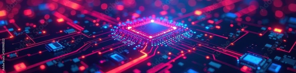 Obraz premium Intricate digital circuitry, vibrant neon hues, abstract backdrop , technology, modern