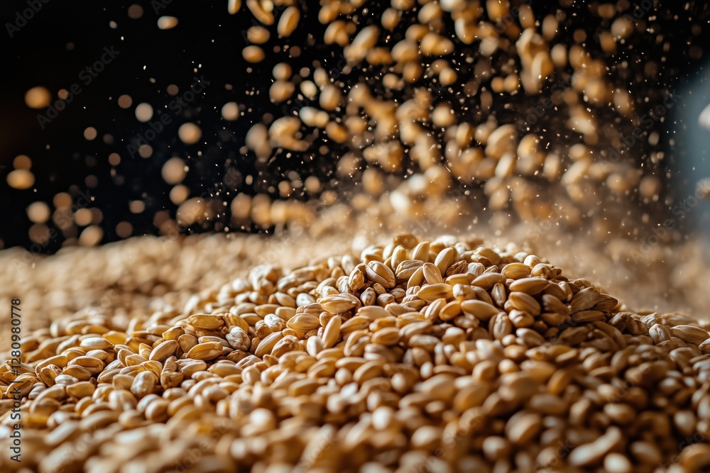 Obraz premium Wheat grains falling on a pile against black background