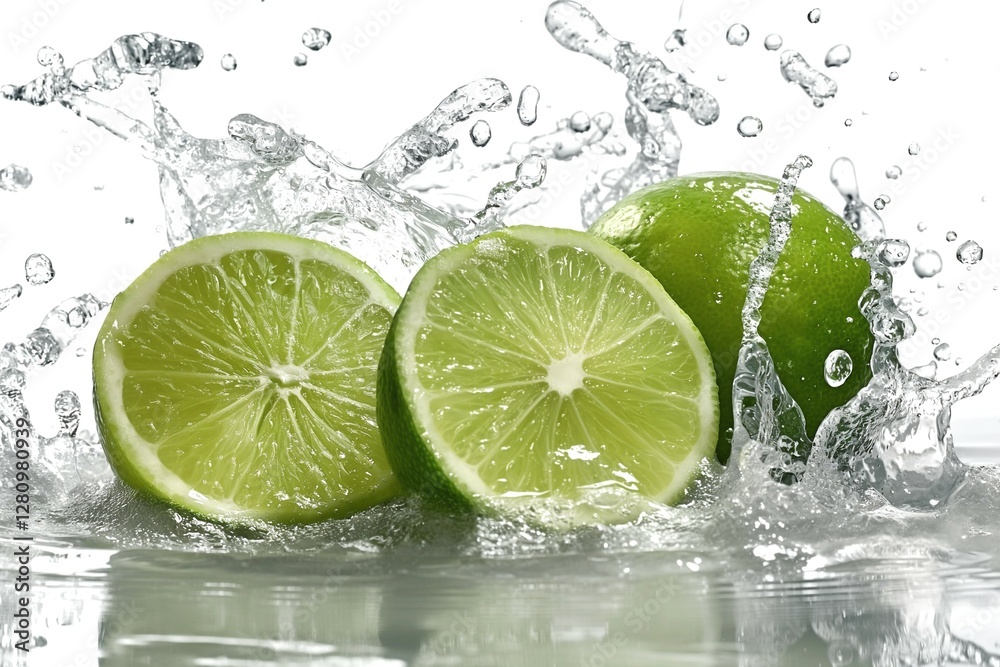 Fresh green limes with water splashes, showcasing vibrant colors and freshness. Fresh green limes with water splashes, showcasing vibrant colors and freshness.