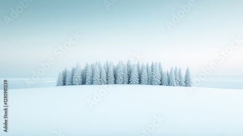 Serene winter landscape features cluster of snow-covered trees a
