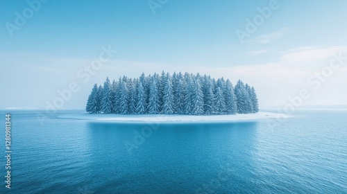 Serene winter landscape featuring snowy island surrounded by cal