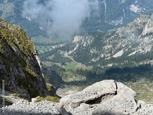 Alpine valley Melchtal along the river Grosse Melchaa and in Uri Alps mountain massif, Melchtal - Canton of Obwalden, Switzerland (Kanton Obwald, Schweiz) photo