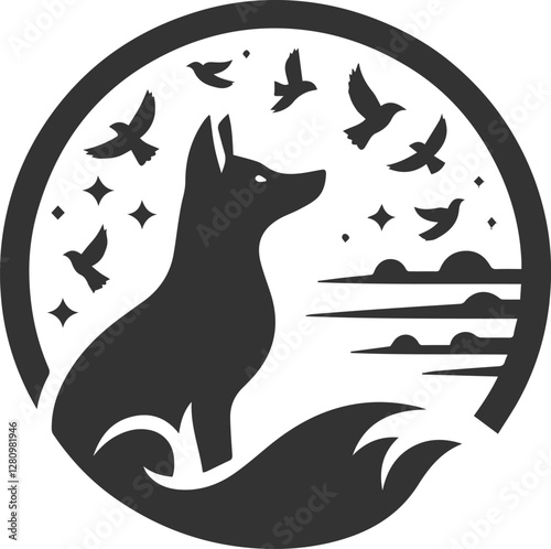A fox watching birds fly overhead animal vector silhouette