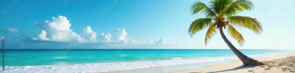 Lone palm tree leans over tranquil ocean waves, sandy beach , holiday, paradise, yellow Lone palm tree leans over tranquil ocean waves, sandy beach , holiday, paradise, yellow