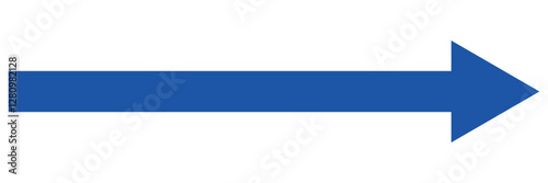 Blue long arrow pointing to the right. Straight long arrow icon, right thin line, blue cursor, horizontal element, thick pointer vector long arrow icon isolated on white background.