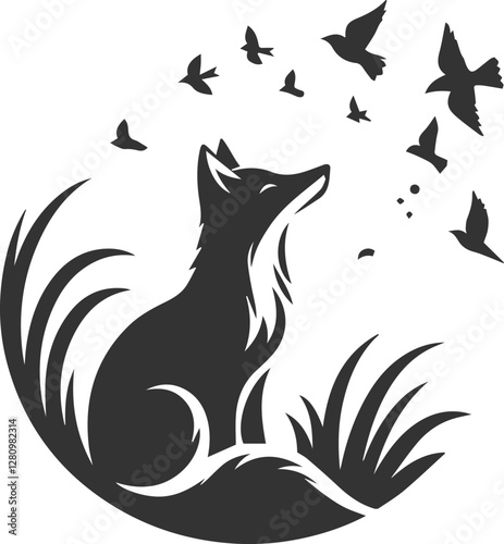 A fox watching birds fly overhead animal vector silhouette